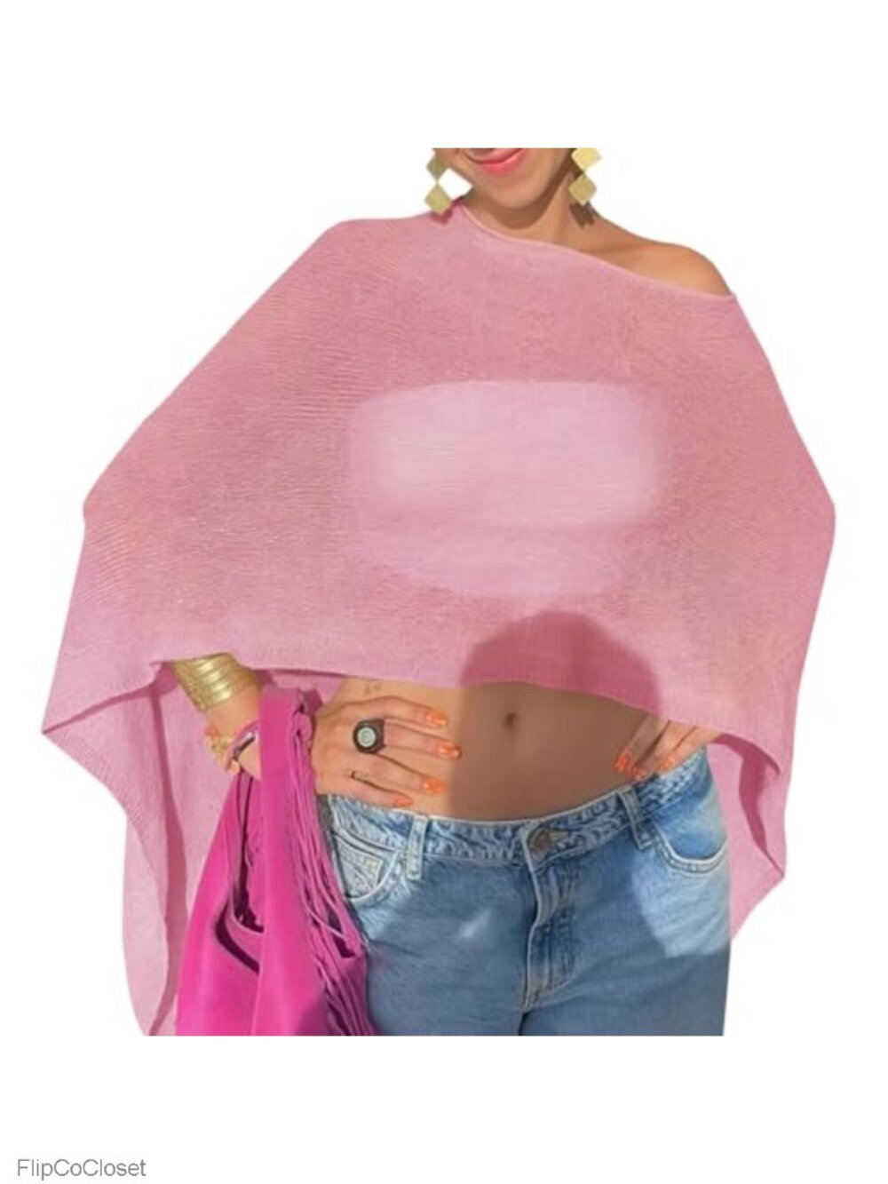Sheer Knit Poncho Top Lightweight Shrug Bolero Beach Coverup